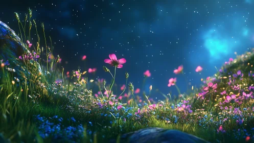 Luminous Wildflower Meadow Under Starlit Sky.
