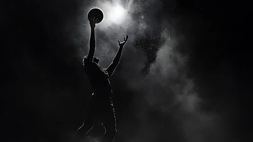 Silhouetted basketball player reaches toward spotlighted rim
