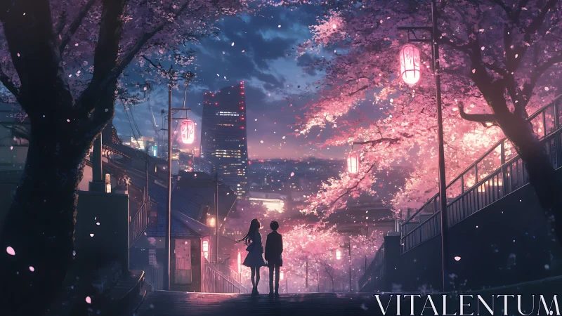 Twilight promenade under glowing lanterns and cherry bloom.