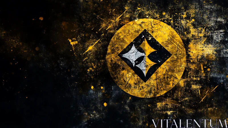 Grunge abstract yellow and black geometric emblem digital art.