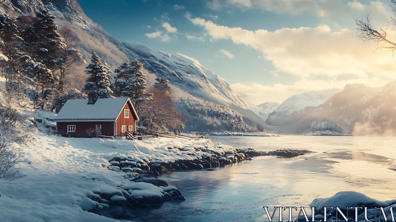 Snowy lakeside cabin glows softly beneath winter sunrise