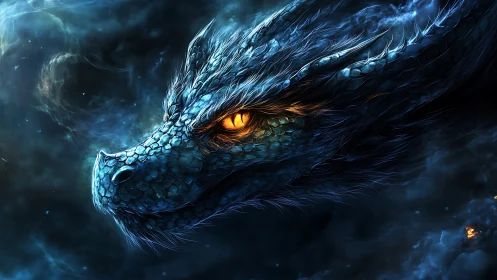 Bioluminescent blue dragon head with glowing amber eye in nebula