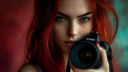 Red haired photographer with DSLR in shallow depth of field.