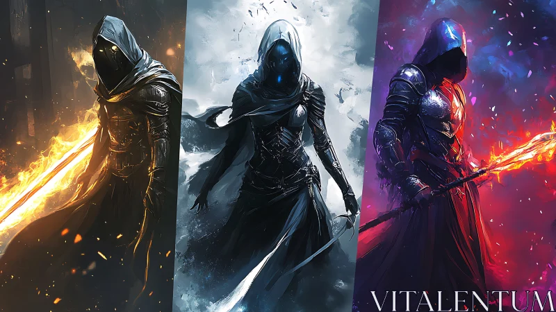 Elemental hooded warriors in dynamic triptych concept art.