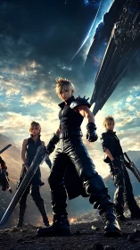 Futuristic sword warriors stand under looming starship sky