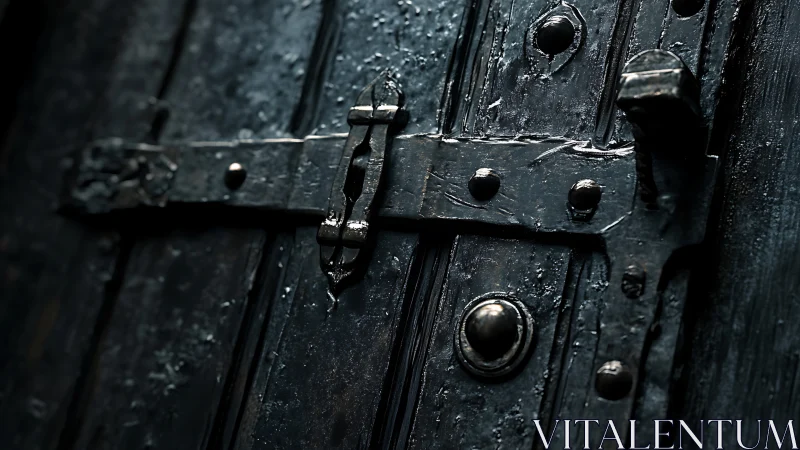 Rust-dark iron latch guarding a timeworn midnight door.