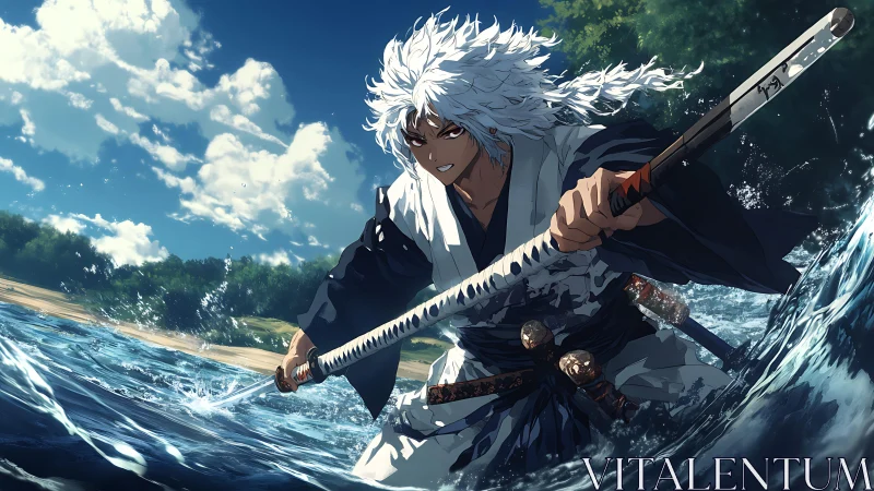 Dynamic samurai warrior slashes through surf with foaming water arcs