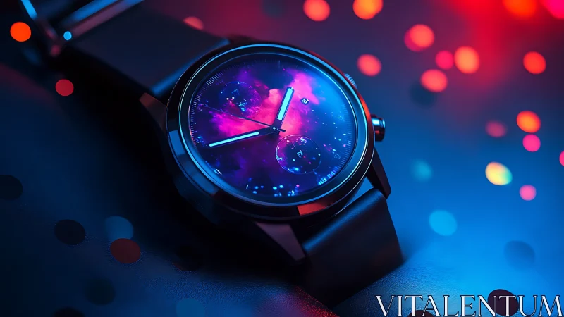 Futuristic wristwatch with cosmic dial in neon bokeh glow.