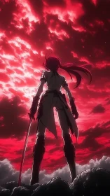 Silhouetted swordsman stands against turbulent crimson sky