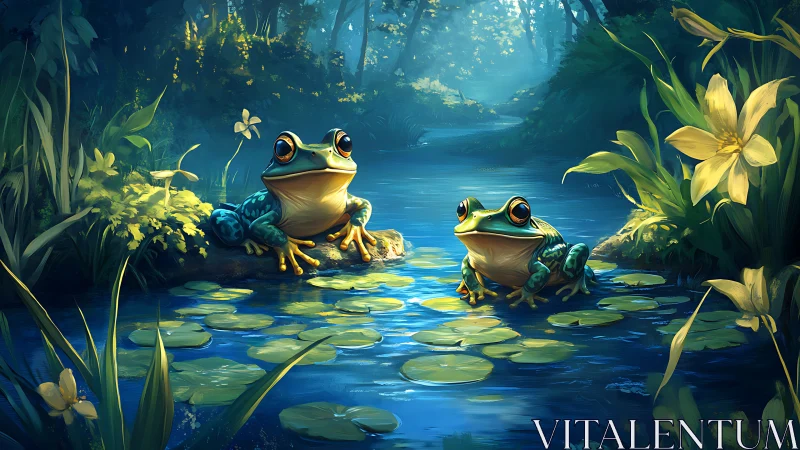 Sunlit forest pond with two luminous frogs resting calmly.