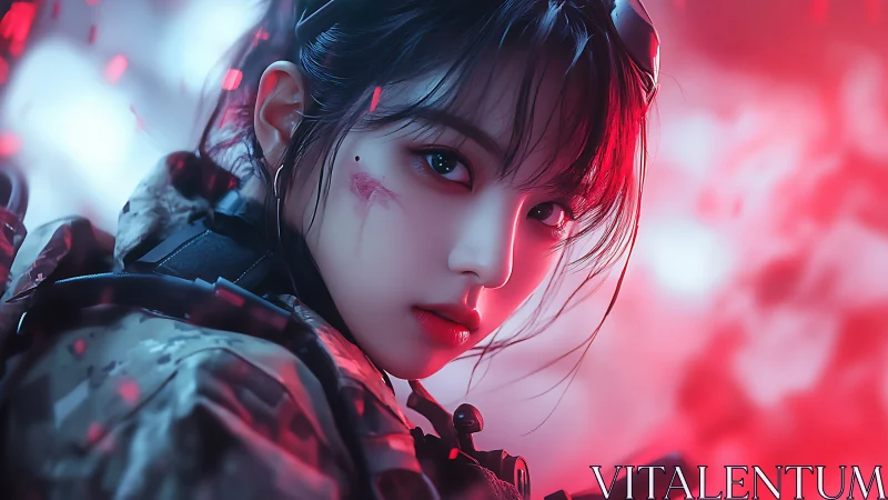 Tactical cyber-noir portrait renders soldier in crimson haze