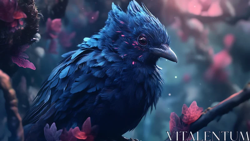 Luminous blue songbird in dreamy pink forest glow.