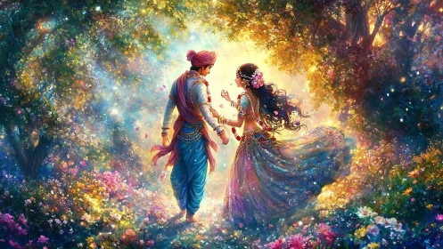 Radiant lovers share a dreamy walk through a glowing garden