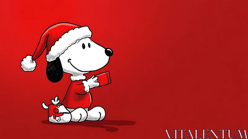 Cartoon beagle in Santa hat with gift on red backdrop.