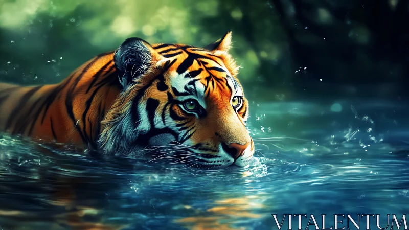 Silent stripes glide through sapphire jungle water twilight