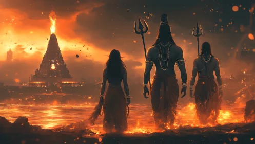 Ember-lit deities stride toward a blazing celestial temple