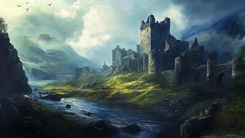 Stormlit river kingdom and brooding emerald valley stronghold.