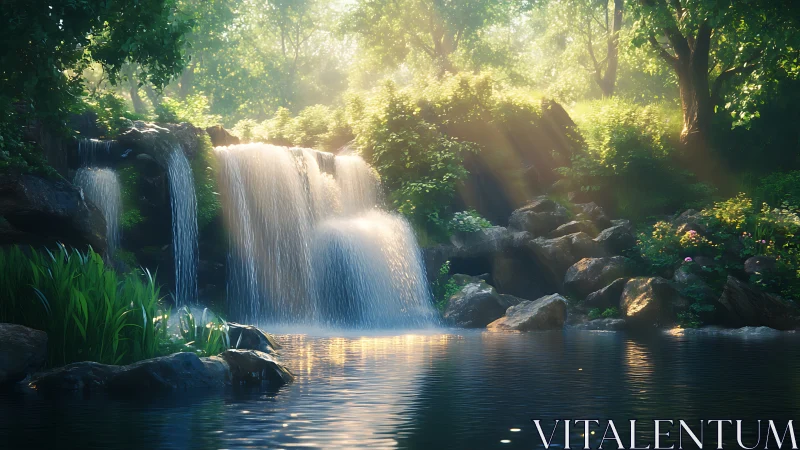 Sunlit forest waterfall pours into a calm reflective pool