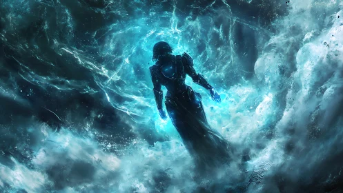 Cybernetic diver in luminescent vortex environment, digital painting.