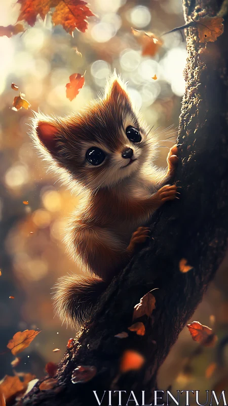 Small autumn forest creature clinging to tree trunk.