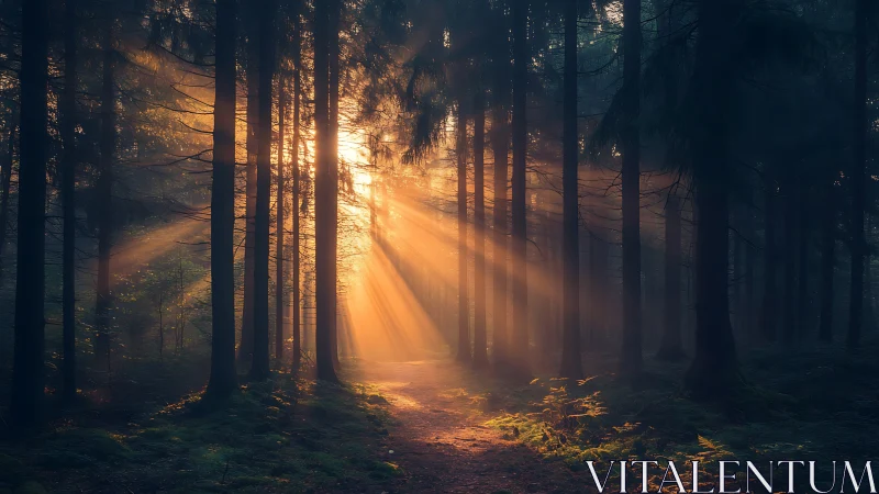 Sunlight Streaming Through Misty Forest at Dawn, Atmospheric Style.