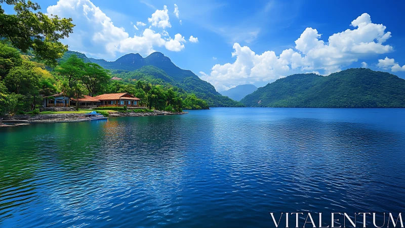 Lakeside villas rest beneath emerald mountains and vivid skies