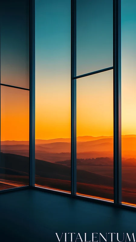 Modern window view over hills at warm gradient sunset.