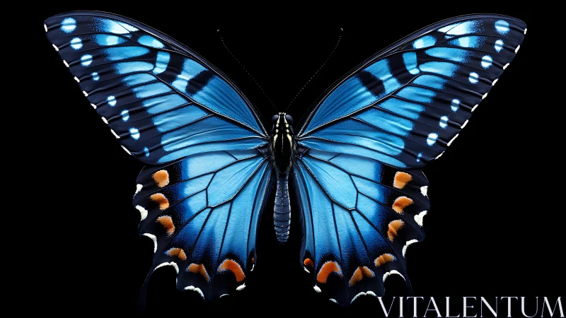 Sapphire-winged butterfly poised like living midnight jewel.