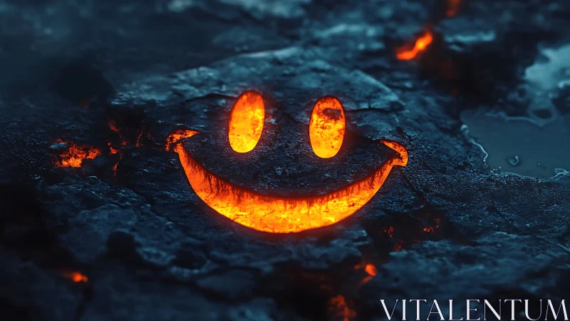 Molten smiley face carved into dark volcanic rock surface.