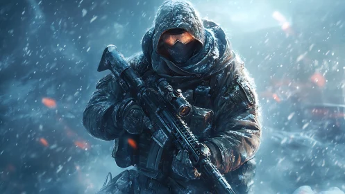 Armed winter soldier advances through a blizzard of icy chaos