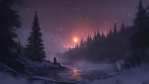 Frozen forest river glows beneath violet winter sunset
