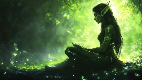Seated elf figure is rendered in a luminous green forest