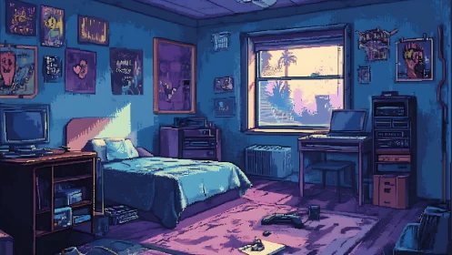 Pixel art bedroom with sunset window and retro gaming setup.