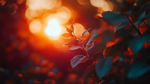 Vibrant sunset bokeh with leaves in soft focus, nature photography.