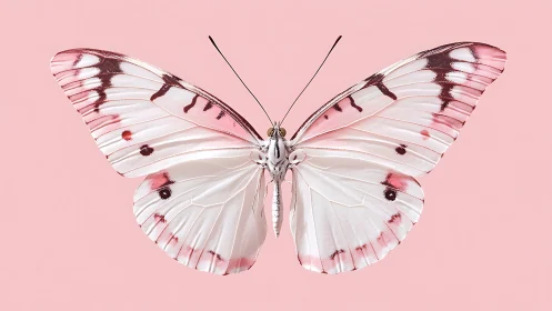White butterfly with pink accents on solid pastel backdrop.