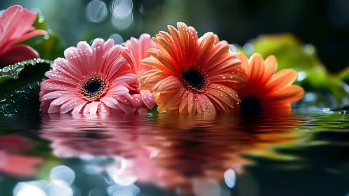 Gerbera Daisies with Refraction and Bokeh in Water Reflection