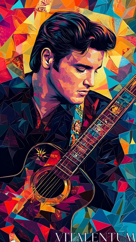 Polygonal portrait of male guitarist with faceted neon palette.