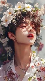 Soft lit portrait of floral crowned youth in closeup view.