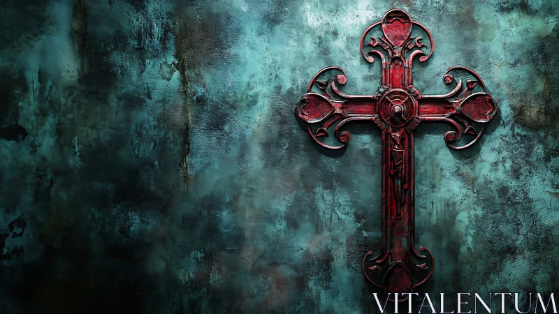 Red ornate cross on textured teal stone background surface.
