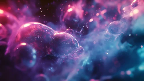 Neon cosmic bubbles drift through glowing nebula haze.