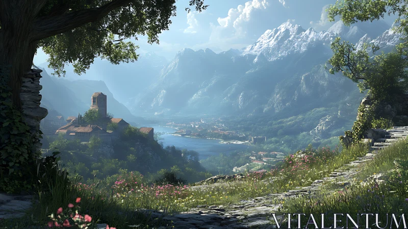 Sunlit terraced village above alpine lake and snow peaks.