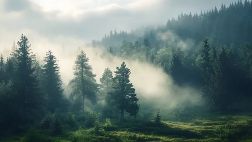 Mountain forest landscape with fog and coniferous trees