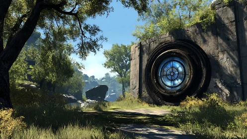 Circular metallic structure in overgrown forest clearing.