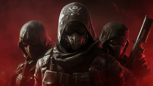 Hooded tactical trio pose against red atmospheric background