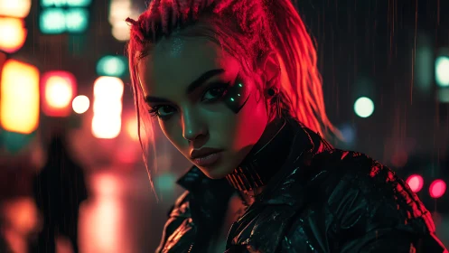 Cyberpunk woman stands in neon rain, lit by electric glow