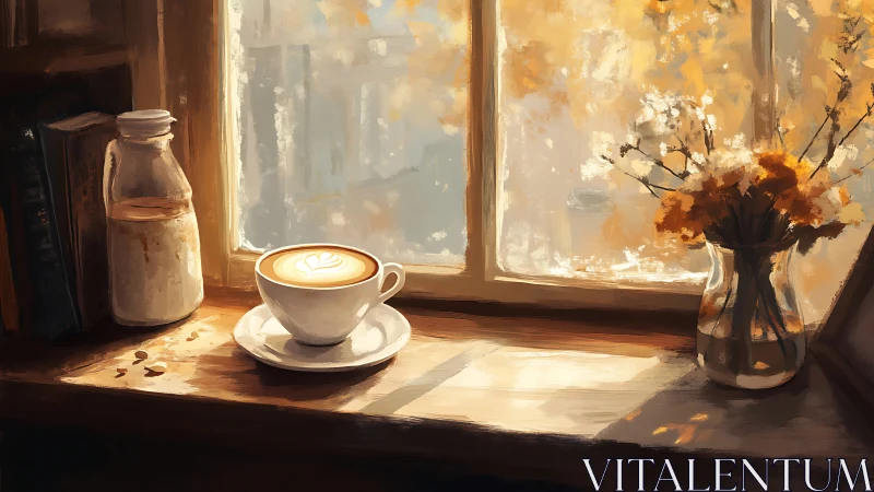 Sunlit latte on rustic windowsill with autumn florals.