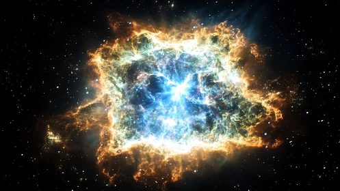 Stellar nebula eruption with electric blue core glow.
