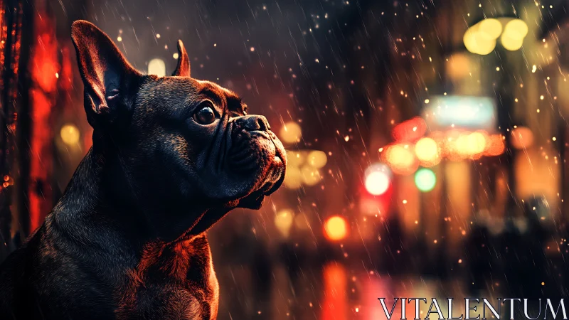 French bulldog watches neon city rain with reflective gaze.