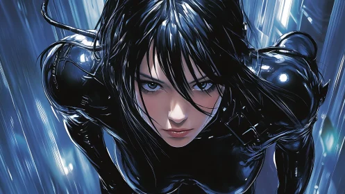 Cyber assassin dives through neon corridors, eyes blazing.