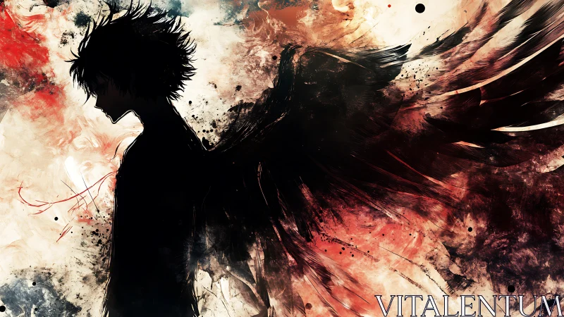 Silhouetted winged figure in turbulent abstract pigment storm.